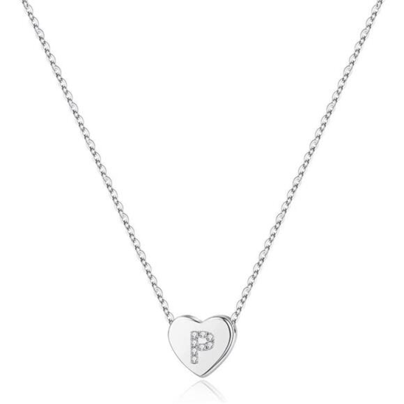 Initial Heart Necklace for Girls Women Silver P - Picture 1 of 7